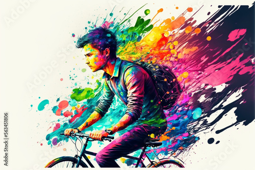 Young man riding a bicycle with a shoulder bag, colorful energy, Generative AI  © Tahsin