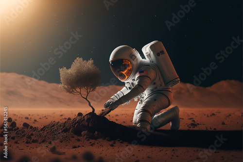 An astronaut planting a tree on Mars