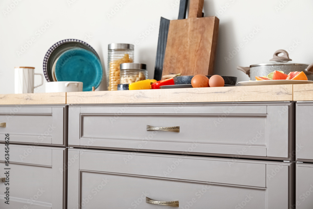 Grey counters with drawers in modern kitchen, closeup Grey counters with drawers in modern kitchen, closeup