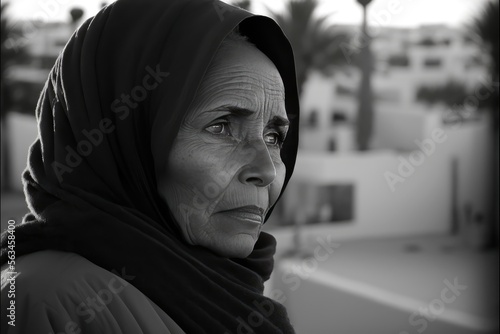 Serious Old Arab muslim woman wearing a hijab posing in a northern african city. Generative ai