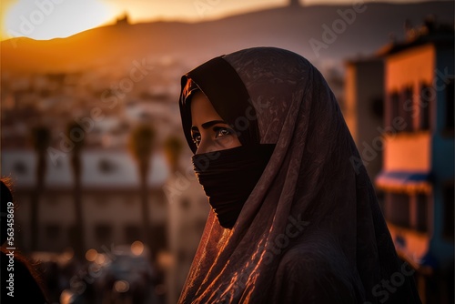 Arab woman wearing a niqab veil in a city near a coast at sunset. Generative AI