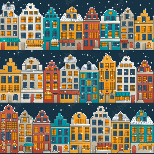 Vector seamless background with a winter European town. Hand drawn colorful houses with falling snow. Winter holidays vector background.