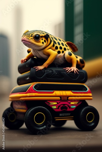 frog sitting on a toy truck