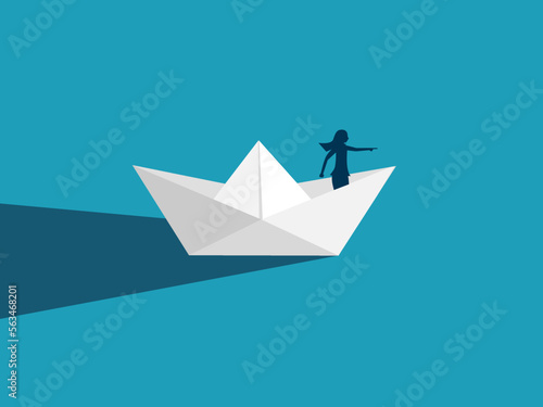 Businesswoman on a paper boat. Leader guides the direction of the business organization. business challenge vector