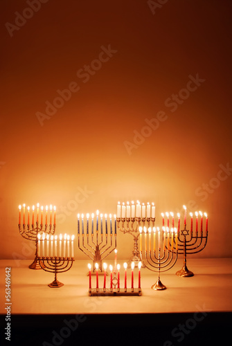 Group of Menorahs Lit for the Eighth Night of Hanukkah