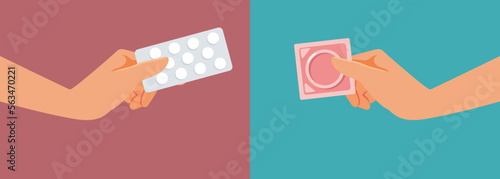 Hands Holding Birth Control Pills and a Condom Vector Illustration. Person choosing between contraceptive methods 
 photo