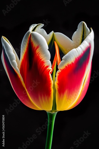 Vibrant tulip with multicolored petals on a black background, perfect for Easter or spring, isolated. (Generative AI)