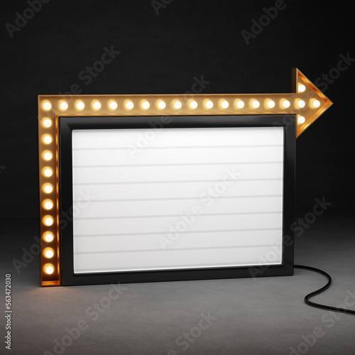 3d retro black and gold signboard with glowing yellow light bulb . Concept of billboard design for cinema, casino, marquee or nightclub . 3d high quality render