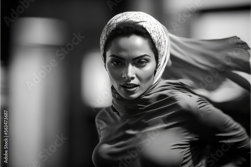 North African young woman wearing a hijab running in the street of a North African city. Generative AI