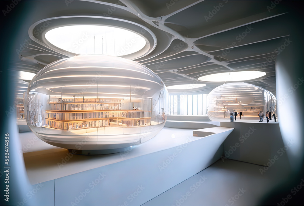Futuristic library architectural design, built with glass and concrete ...