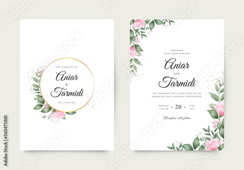 Beautiful wedding invitation with pink flowers and green leaves