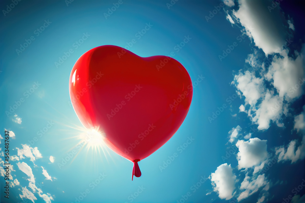 Red balloon in heart shape flying on the air with blue sky background. Valentines day concept. Generative AI
