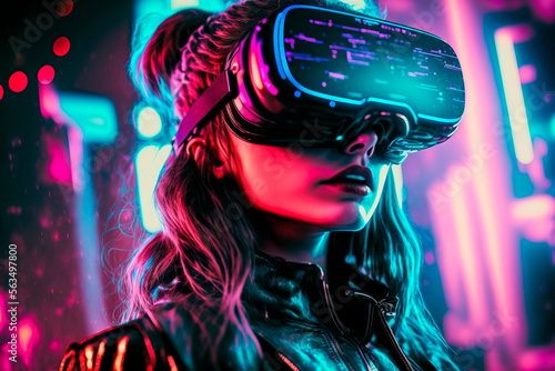 Woman  use VR virtual reality  Metaverse Technology concept. Generative AI