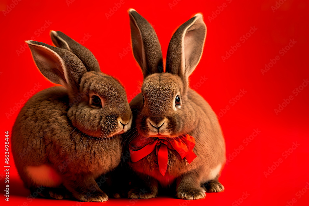 Fototapeta premium Symbol of the Year 2023 Funny rabbits with a red bow on a red background Generative AI