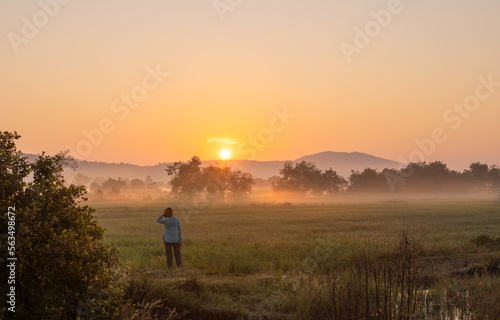 Young traveler woman watching the sunrise in rice fields with fog in the background in Cambodian countryside.
