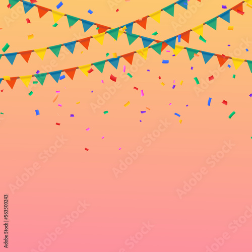 Colorful Party Flags With Confetti Falling on orange and pink Background. Celebration Event Birthday. Multicolored. Vector. Celebrate banner. Party flags. Vector illustration