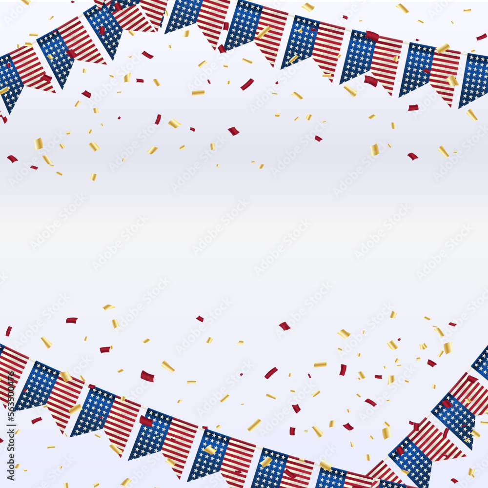 Obraz premium Decorative party flags with Confetti Falling. Vector flag garland for usa independence day. Party Background with Flags Vector Illustration. EPS10. July 4th theme paper garland on white background