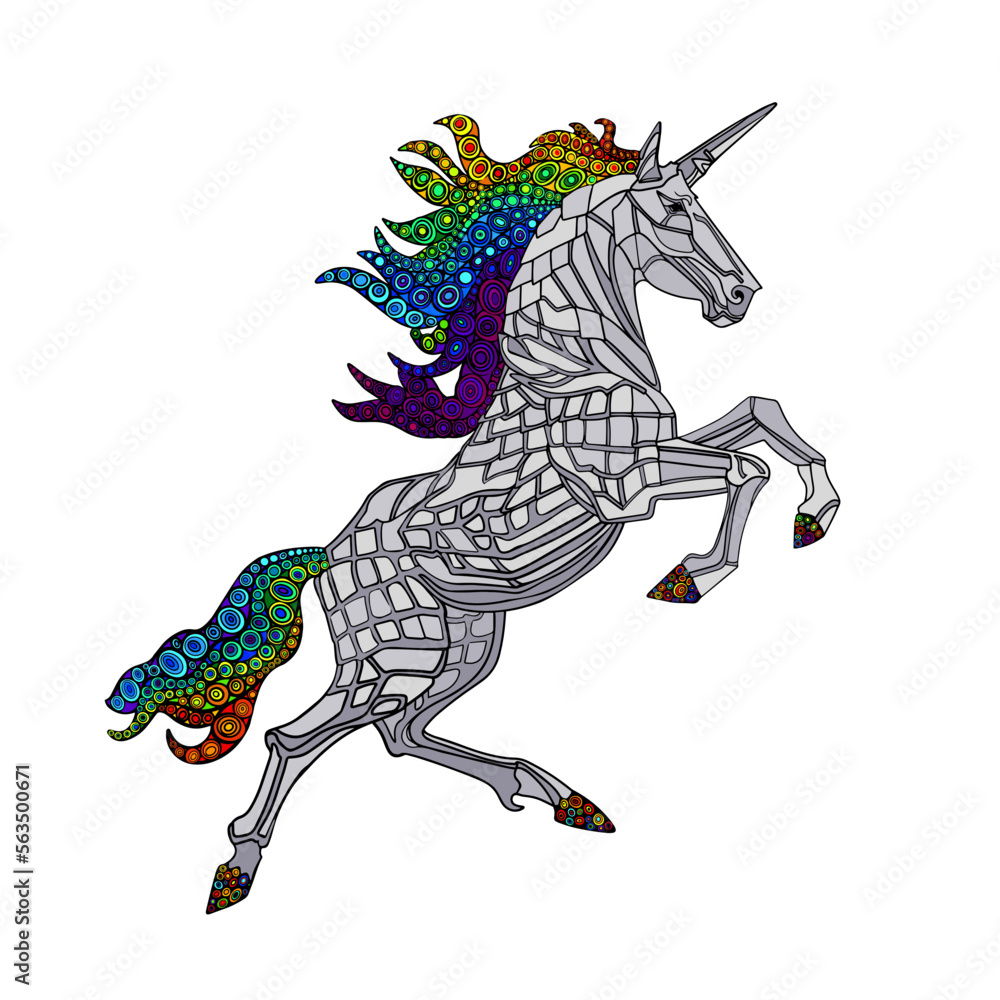 A unicorn with a long mane. Illustration of a galloping magical unicorn. For the design of prints, posters, postcards, logos, icons