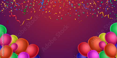 Colorful balloons withconfetti, and paper. Celebrate banner. Colorful Party Flags and colorful balloons with confetti on yellow background. Vector illustration.