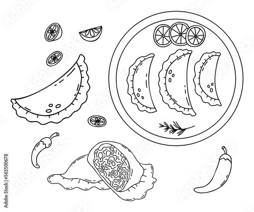 Collection Mexican Empanadas. Appetizing dumplings on plate, broken in half with stuffing. Vector isolated linear drawings mexican food in doodle style. Latin American national dish for design.