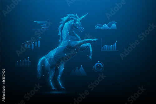 unicorn startup business technology to success with icon graph. business achievement low poly wireframe. creative idea and innovation company.concept of venture capital to wealth. vector illustration.