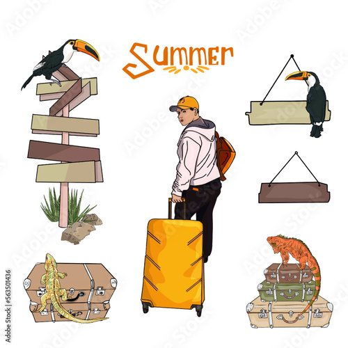 Young man with travel suitcase and backpack, toucan on signs, iguana on bags. Vector illustration isolated on white background. For printing packaging, cards, designers, clothes, interior, icon, logo