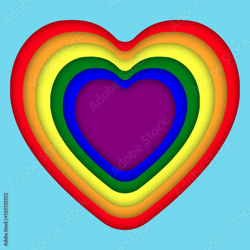 LGBT Rainbow Flag Heart in blue background papercut background Illustration. Abstract background of heart in rainbow color. LGBT pride symbol. Vector illustration.