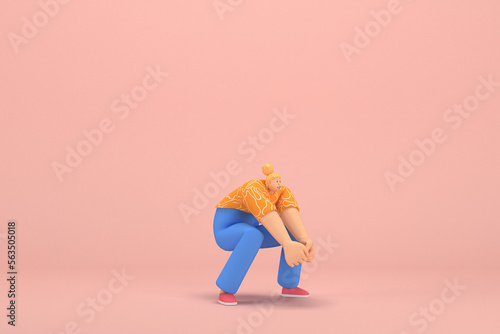 The woman with golden hair tied in a bun wearing blue corduroy pants and Orange T-shirt with white stripes. He is pulling or pushing something. 3d rendering of cartoon character in acting.