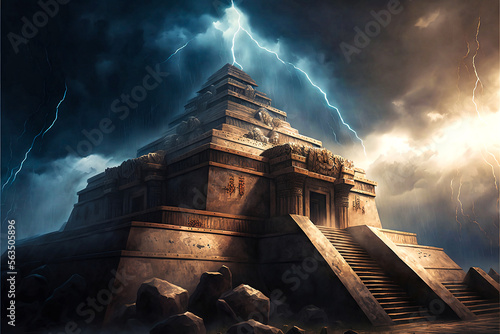 An ancient Aztec temple with supercell weather as a background. Digital art created using generative AI.