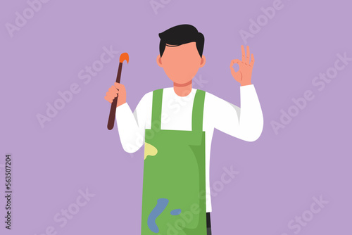Graphic flat design drawing painter artist holding paintbrush with okay gesture, using painting tools such as brushes, canvas, and watercolors, produce creative art. Cartoon style vector illustration