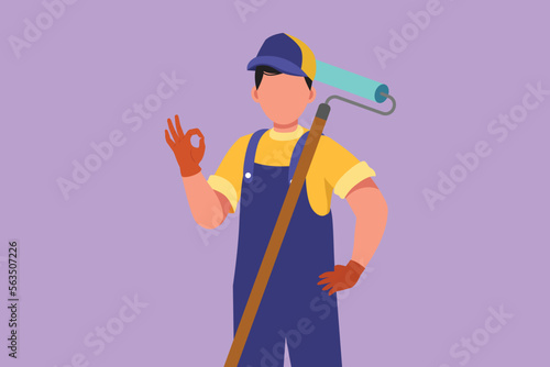 Cartoon flat style drawing handyman holding long paintbrush roll with okay gesture is ready to work on painting wall, renovation and repairing damaged part of house. Graphic design vector illustration