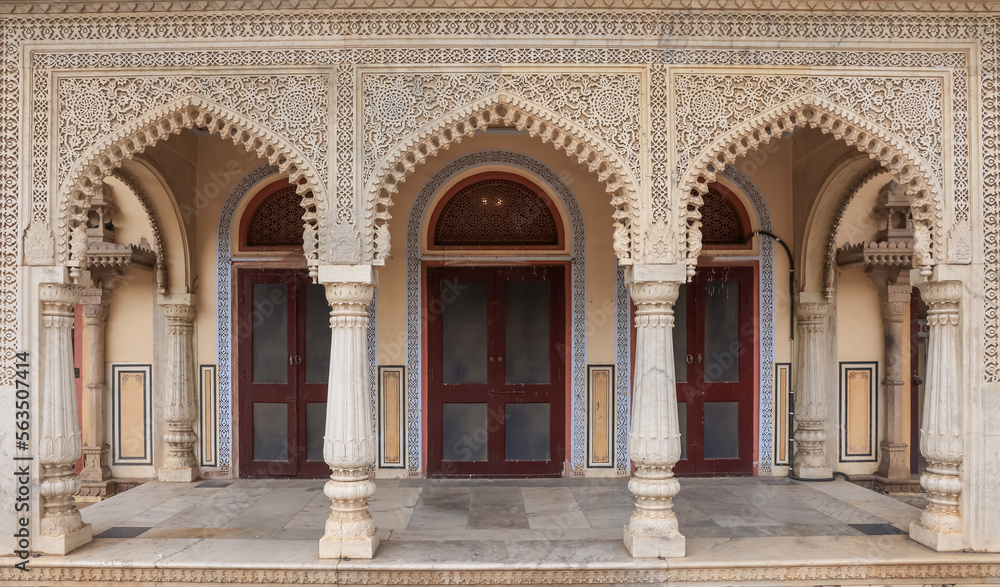 Exterior view of intricate designed arches of Mubarak mahal in Jaipur, Rajasthan, India