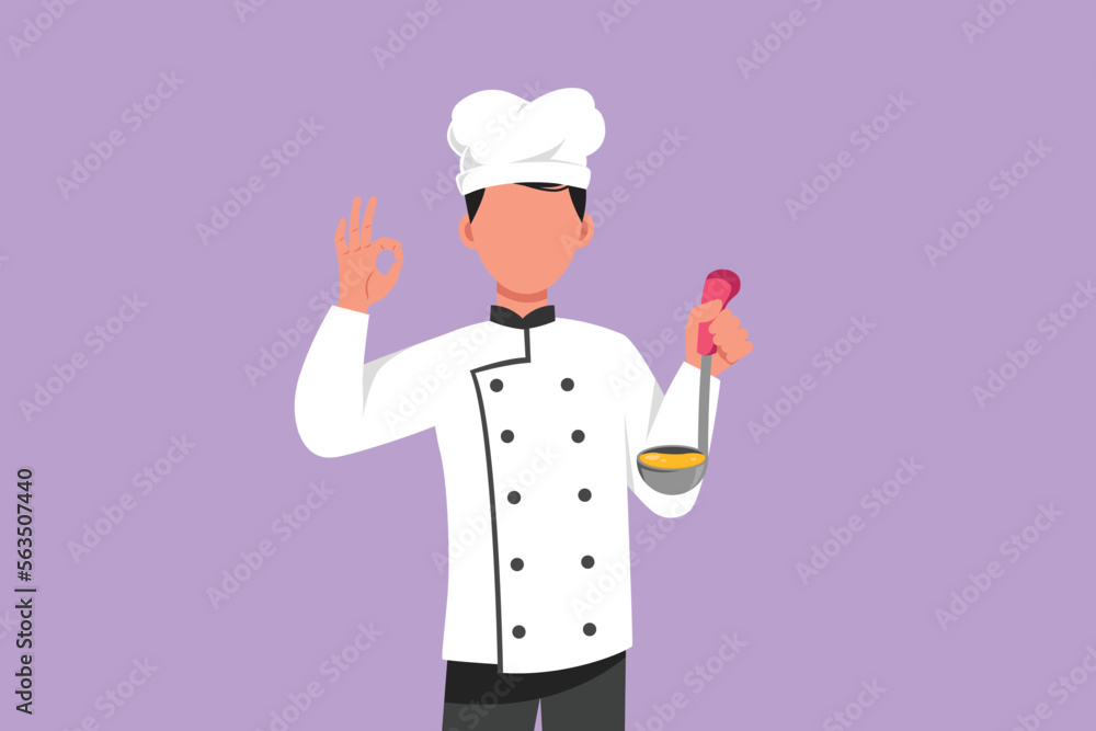 Graphic flat design drawing active male chef holding ladle with okay gesture and tasting delicious soup. Wearing uniform ready to cook food for guests in restaurant. Cartoon style vector illustration Graphic flat design drawing active male chef holding ladle with okay gesture and tasting delicious soup. Wearing uniform ready to cook food for guests in restaurant. Cartoon style vector illustration