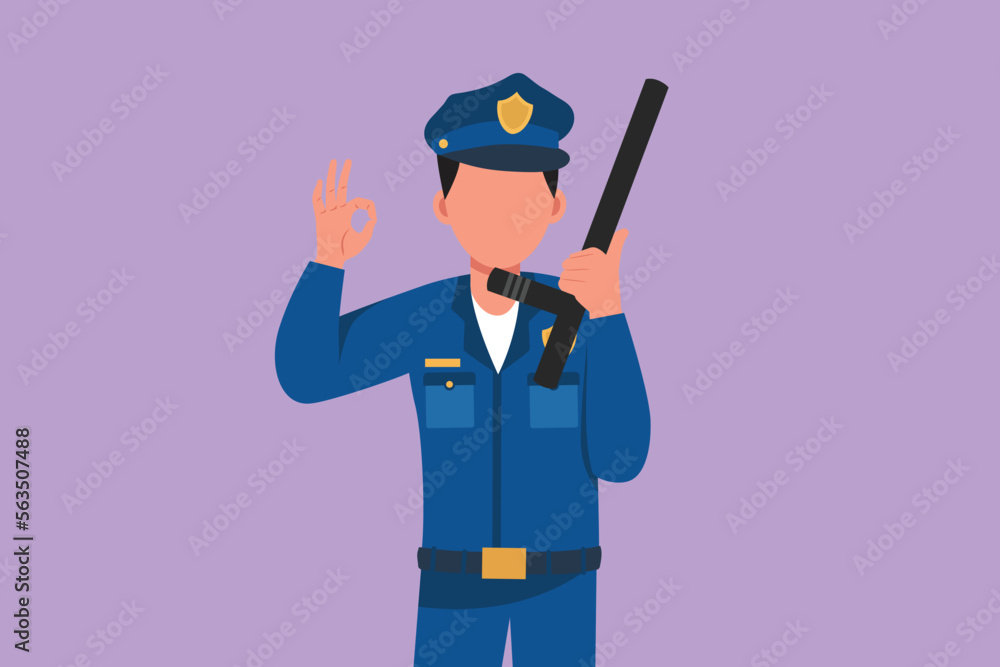 Obraz premium Graphic flat design drawing policeman holding police baton with okay gesture and in full uniform ready to enforce traffic discipline on highway. Male police on duty. Cartoon style vector illustration