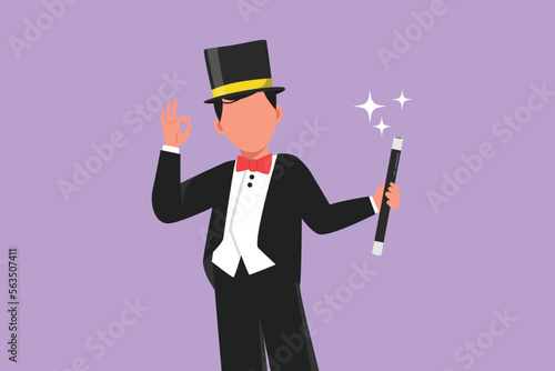 Character flat drawing male magician in tuxedo with okay gesture wearing hat and holding magic stick ready to entertain audience in circus show. Magical performance. Cartoon design vector illustration