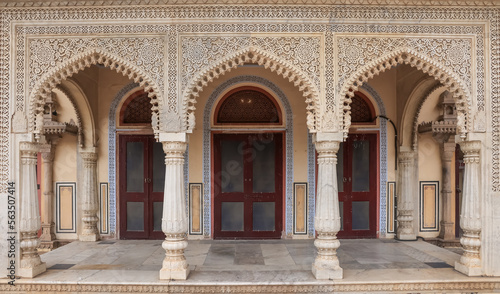 Exterior view of intricate designed arches of Mubarak mahal in Jaipur, Rajasthan, India