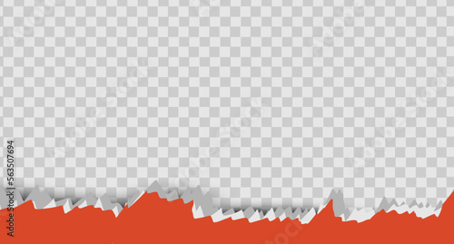 Torn a half sheet of red paper from the bottom. Vector template paper design. Torn, ripped piece of horizontal blue paper with soft shadow is on squared grey background for text. Vector illustration