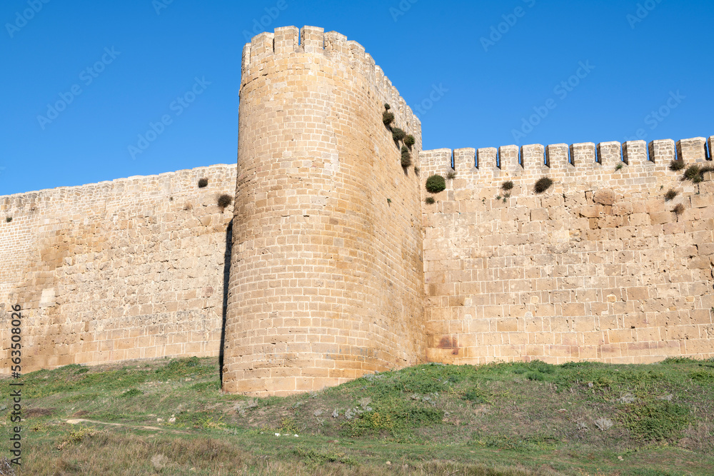 Fortress wall with tower close-up. A fragment of the defensive structures of the ancient fortress of the Naryn-Kala. Derbent, Russia