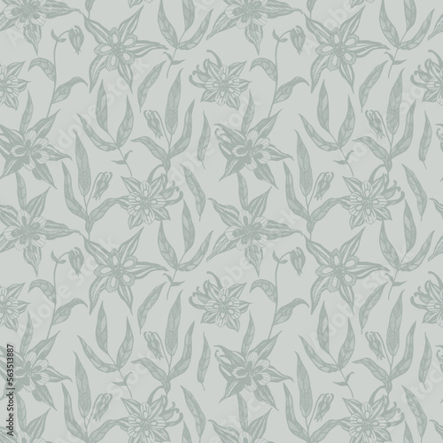 Columbine flowers and leaves seamless pattern. Aquilegia monochrome floral fabric design. Hand drawn vector print.