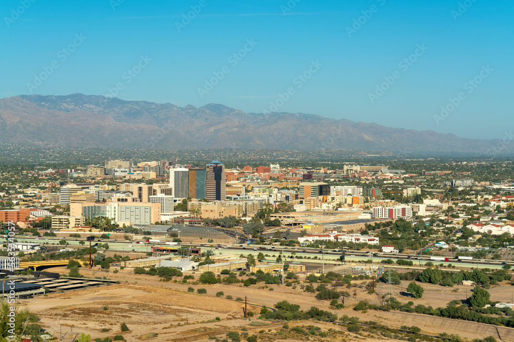 View of downtown Tuscon Arizona in the Sonora desert in the southwestern United States of America in afternoon sun