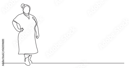 continuous line drawing vector illustration with FULLY EDITABLE STROKE of confident oversize woman in dress standing celebrating body positivity