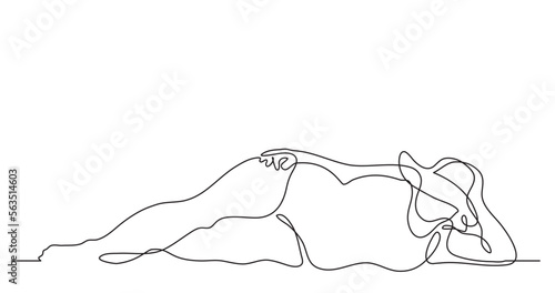 continuous line drawing vector illustration with FULLY EDITABLE STROKE of confident oversize woman in hat lying on beach celebrating body positivity