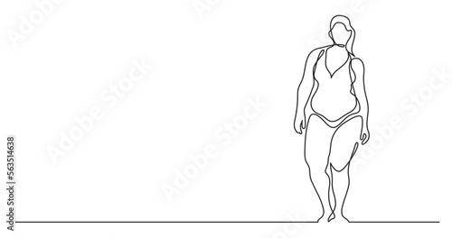 continuous line drawing vector illustration with FULLY EDITABLE STROKE of confident oversize woman in swimsuit standing celebrating body positivity
