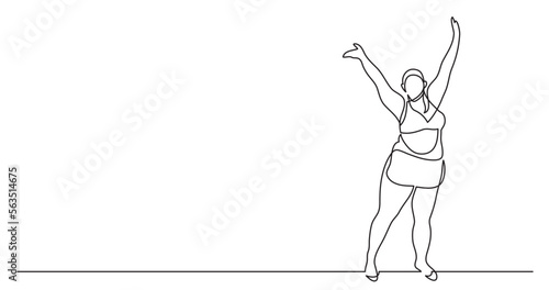 continuous line drawing vector illustration with FULLY EDITABLE STROKE of confident oversize woman in underwear standing celebrating body positivity