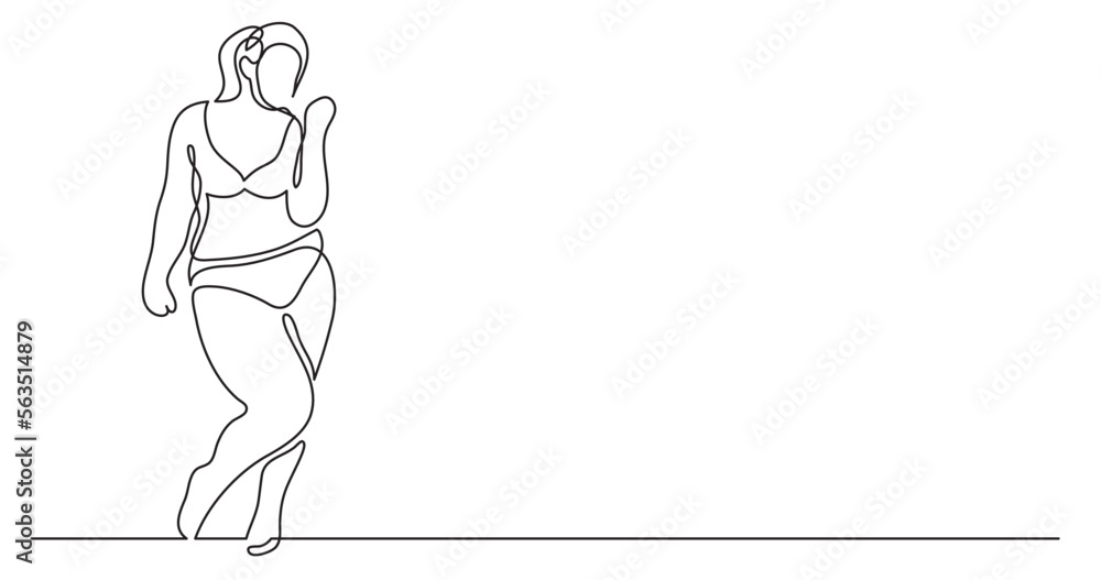 continuous line drawing vector illustration with FULLY EDITABLE STROKE of positive oversize woman in underwear standing cheering body positivity