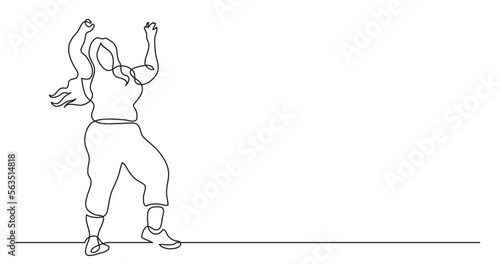 continuous line drawing vector illustration with FULLY EDITABLE STROKE of happy oversize woman standing hands up cheering body positivity