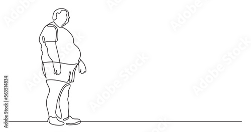 continuous line drawing vector illustration with FULLY EDITABLE STROKE of oversize man standing thinking about body positivity