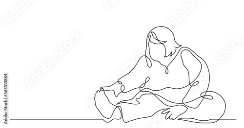 continuous line drawing vector illustration with FULLY EDITABLE STROKE of oversize woman doing stretch exercise confident with body positivity