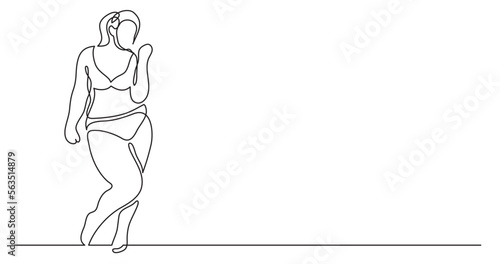 continuous line drawing vector illustration with FULLY EDITABLE STROKE of positive oversize woman in underwear standing cheering body positivity