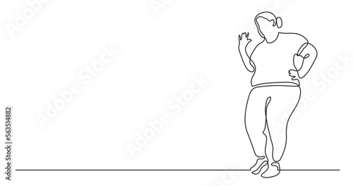 continuous line drawing vector illustration with FULLY EDITABLE STROKE of positive oversize woman standing confident in body positivity